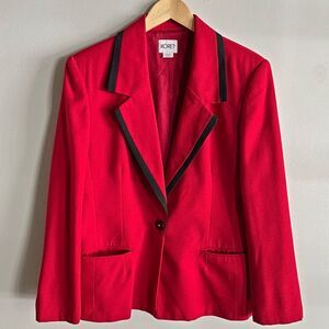 Vintage 90s Red Black Trim Blazer Wool Blend Koret Jacket Single Button Sz 12